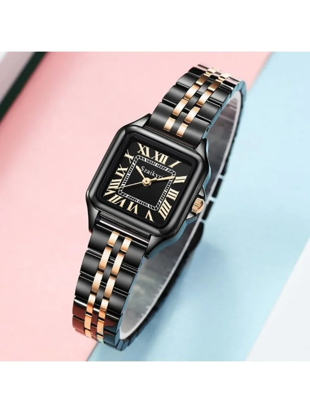 Women's Rose/ Gold/Black Square Dial Dainty Vintage Stainless Steel Band Watches